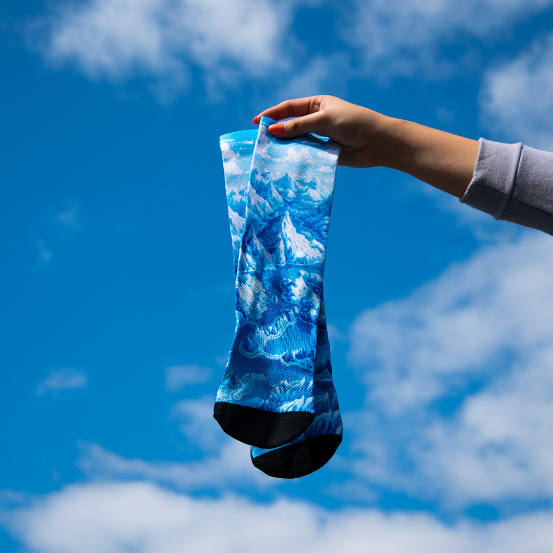 Person holding socks featuring snowy mountains