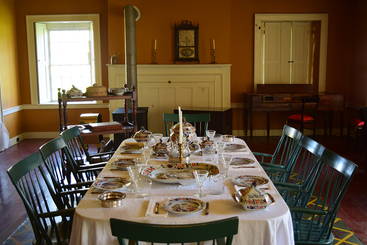 Dining room table setup with plates and glass set up